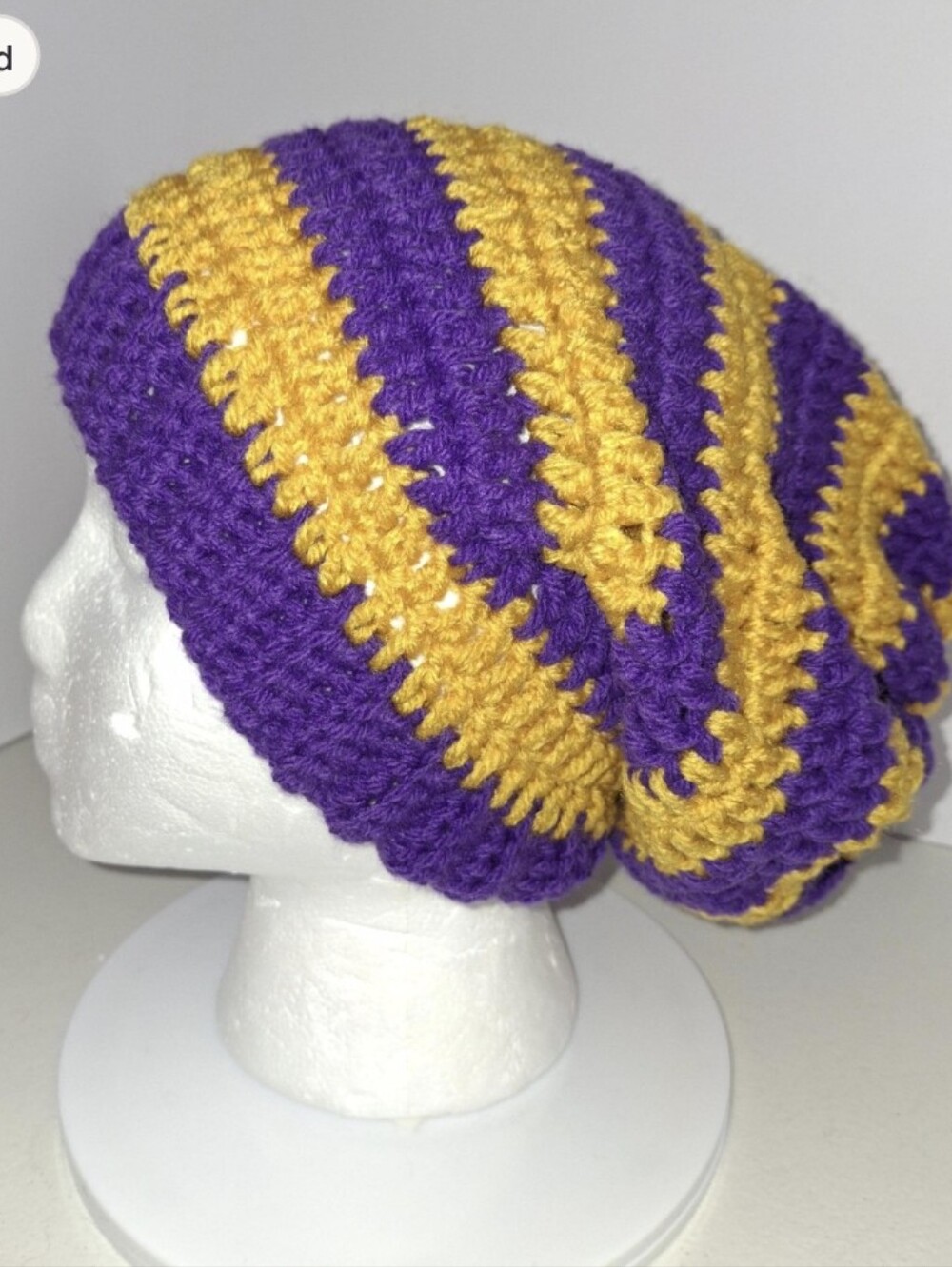 Beanie Slouchy Cap XL Purple And Gold Striped Crocheted Handmade